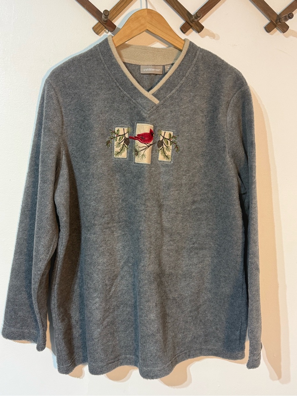 croft & barrow Gray V-Neck Sweater with Red Cardinal Patch